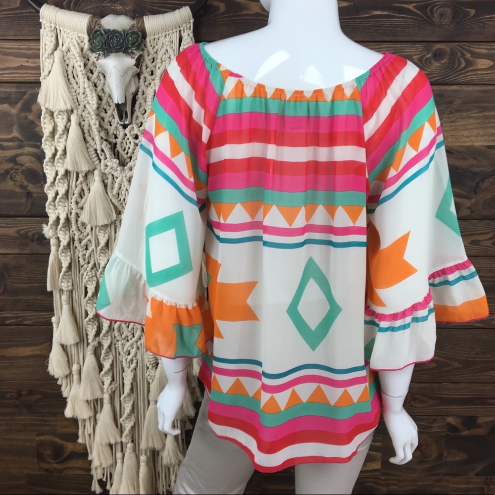R Rouge | Aztec Sheer Ruffle Bell Sleeve Blouse - Picture 4 of 8